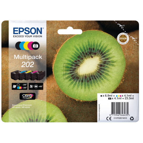 Epson Tintenpatrone gelb, magenta, schwarz, schwarz photo, cyan SC (C13T02E74010, 202)