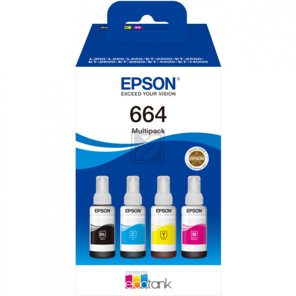 Epson Tintennachfüllfläschchen gelb, magenta, schwarz, cyan (C13T664640, 664)